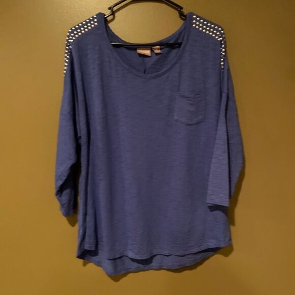 Chico’s Studded Shoulder Corinth Blue 3/4 Length Sleeves Large - Picture 2 of 7